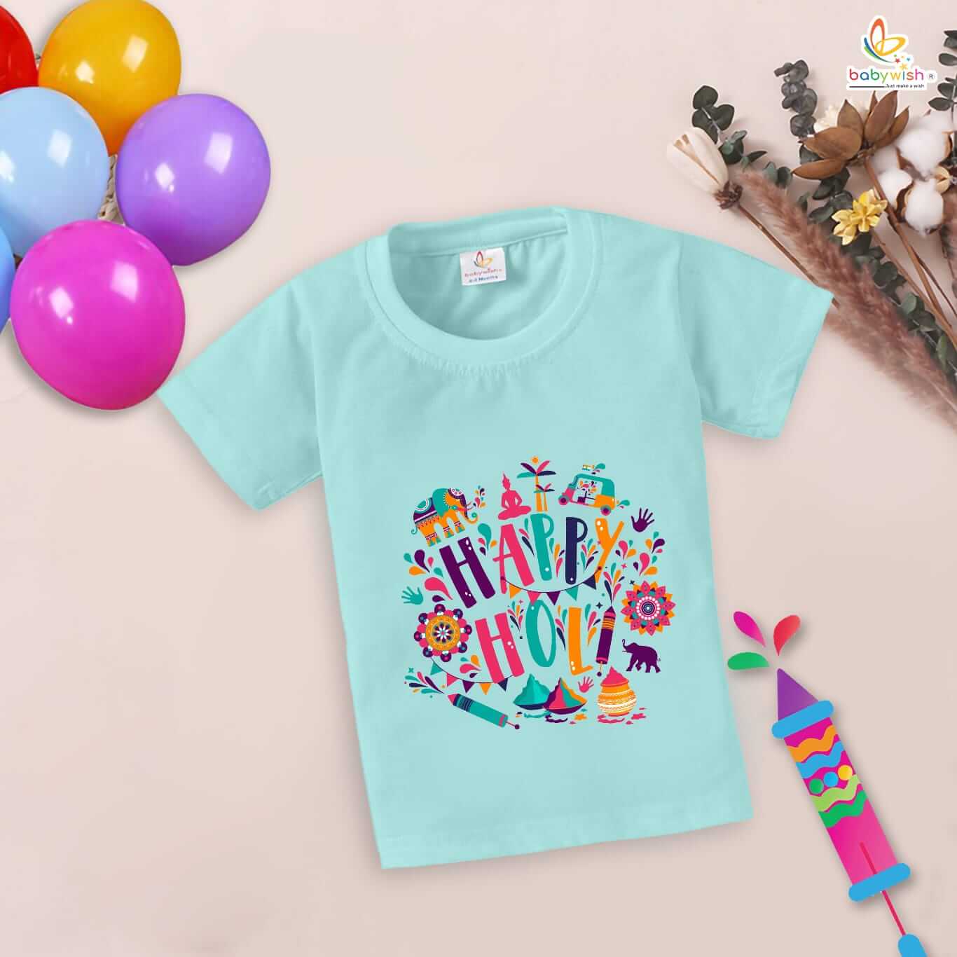 Holi T-shirt for Kids Unisex Printed Half Sleeve Topwear Outfit for Boys and Girls – Happy Holi Jungle Print Festival Tee, Soft Cotton Comfortable Casual Wear for Toddlers