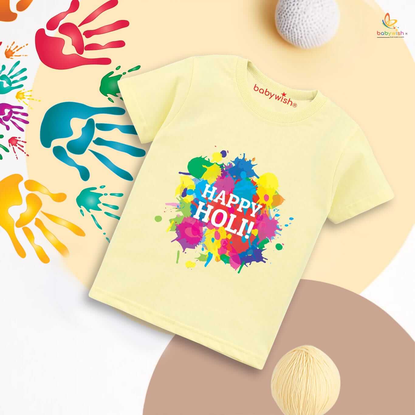 Holi T-shirt for Kids – Unisex Holi Topwear Outfit, Printed Half Sleeve Tee “Multicolor Holi Print Celebration,” Fun Colorful Dress for Boys & Girls