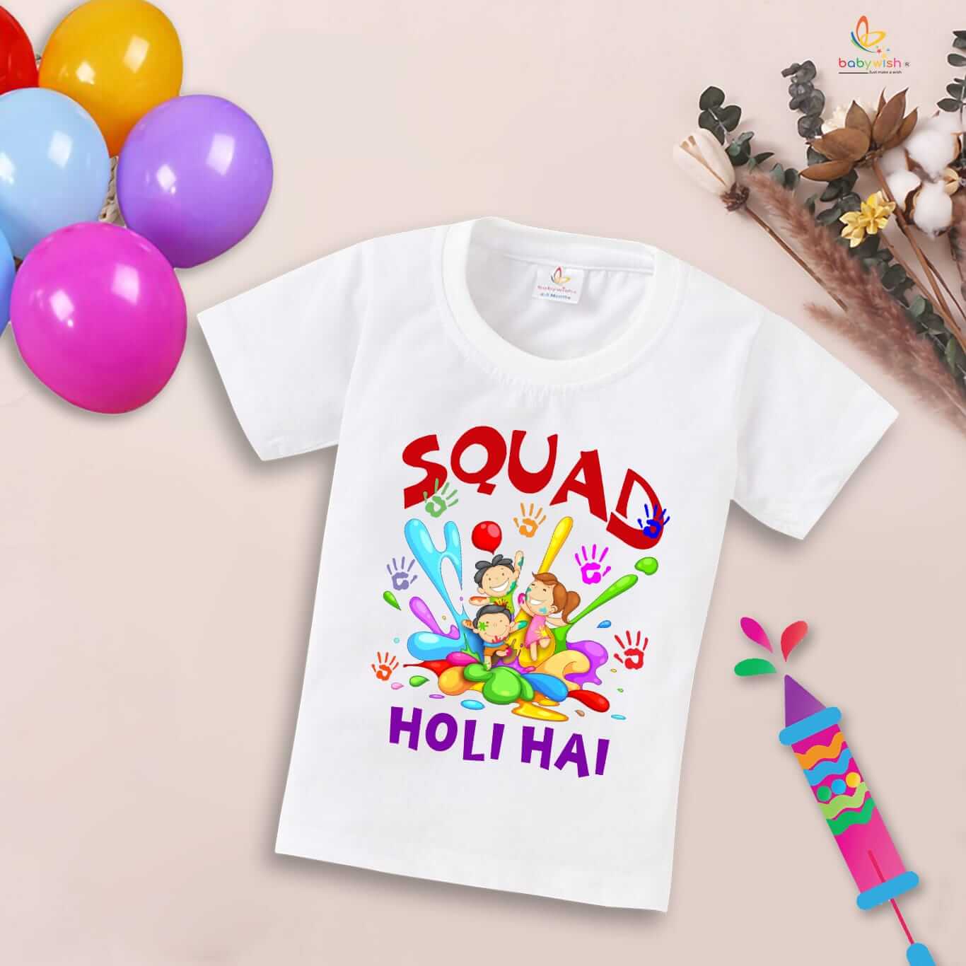 Holi T-shirt for Kids – Unisex Holi Topwear Outfit, Printed Half Sleeve Tee “Squad me Holi,” Fun Colorful Festival Dress for Boys & Girls