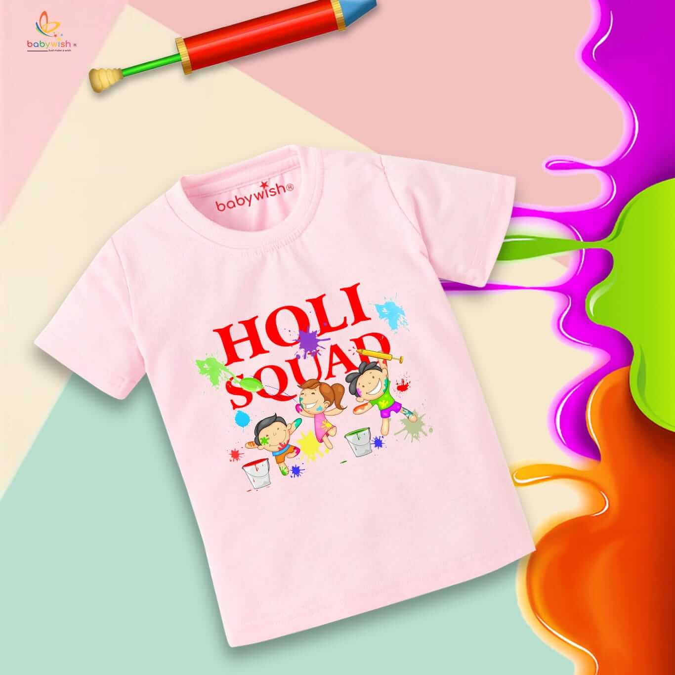 Holi T-shirt for Kids – Unisex Holi Topwear Outfit, Printed Half Sleeve Tee “Holi Squad Playing Holi,” Colorful Festival Dress for Boys & Girls