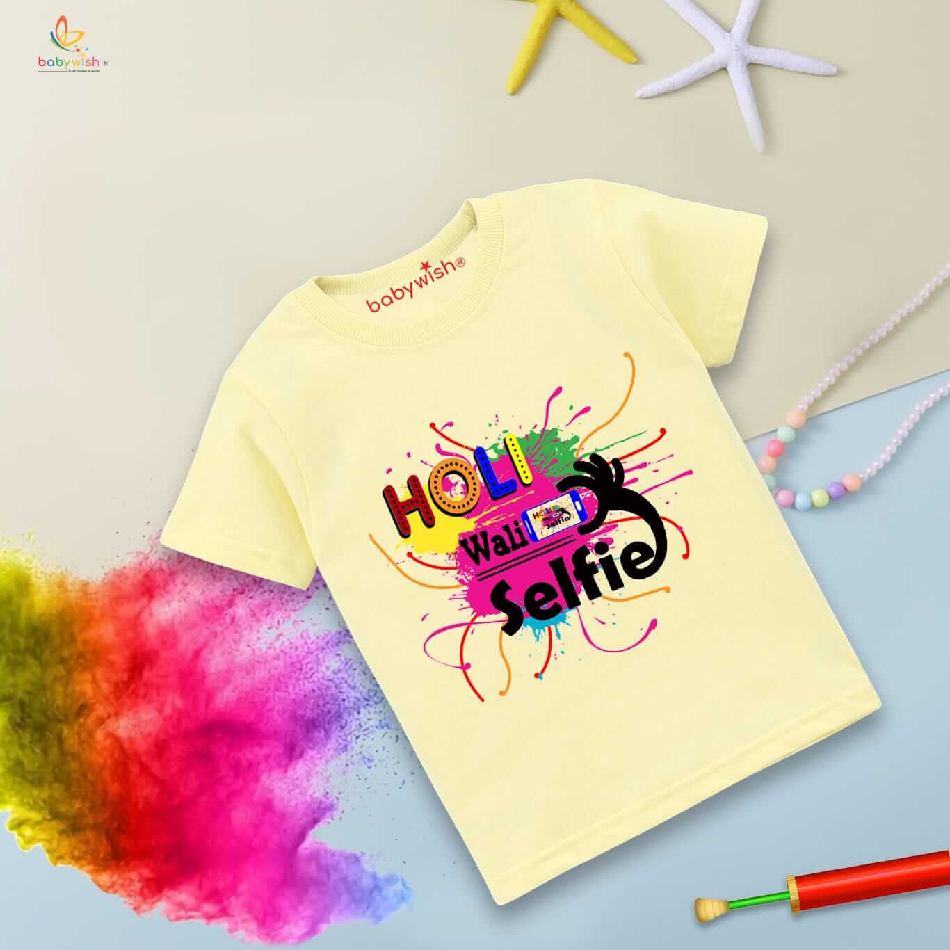 Holi T-shirt for Kids – Unisex Holi Topwear Outfit, Printed Half Sleeve Tee “Holi Wali Selfie,” Fun Colorful Festival Dress for Boys & Girls