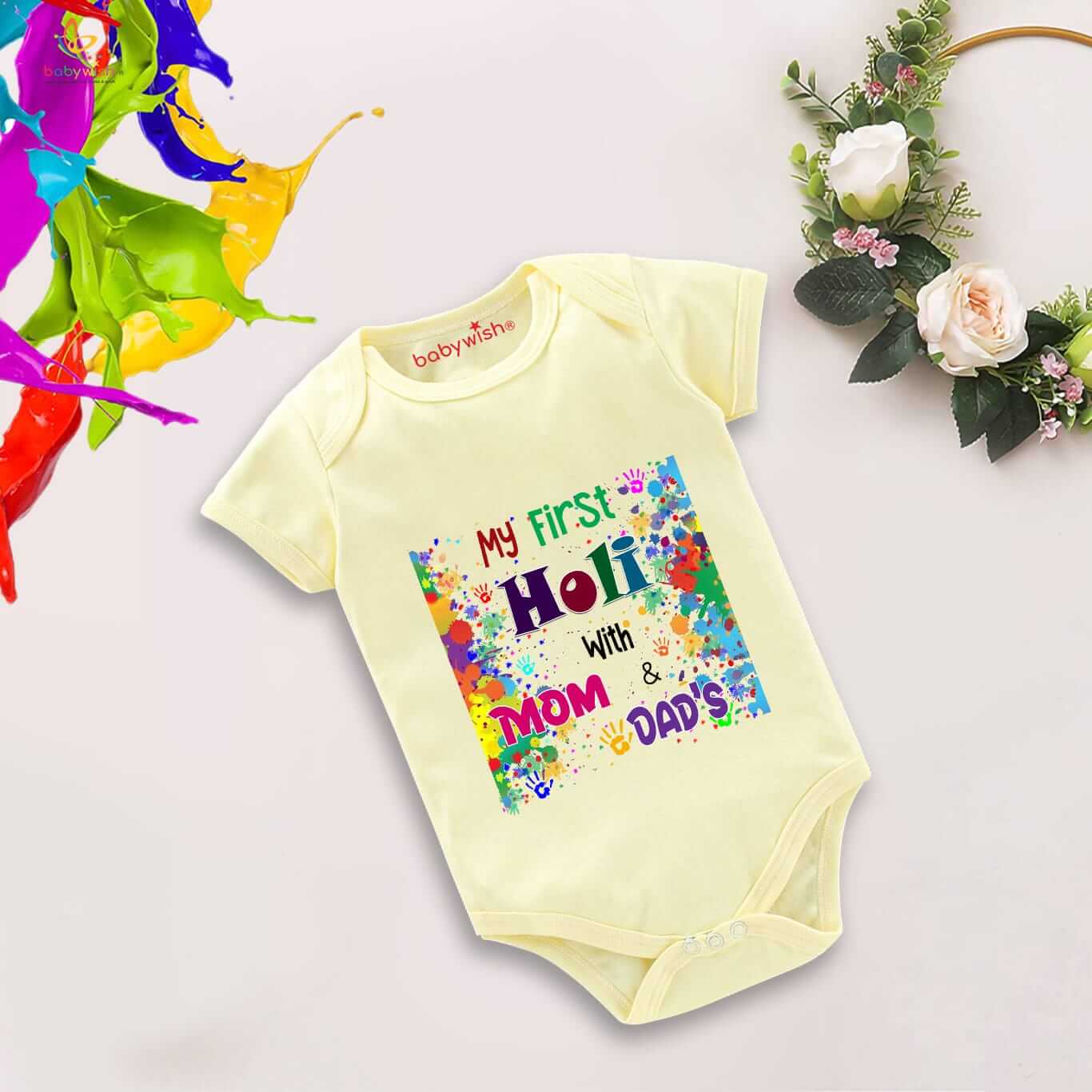Baby First Holi Romper Clothes | Baby Holi Festival Bodysuits | Newborn Outfit Envelop Neck Half Sleeve Unisex Onesies “Holi With Mom & Dad”