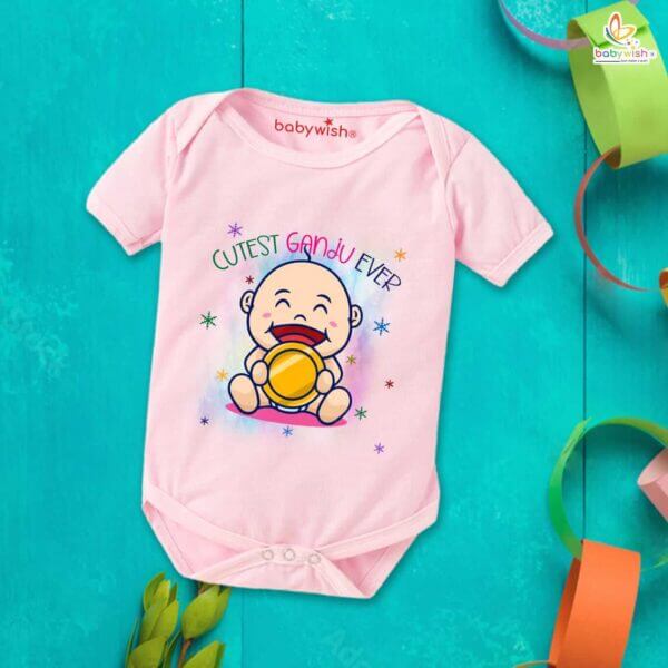 Newborn mundan ceremony clothes Bodysuit romper for Unisex Onesies Infant Half Sleeve |Cutest Ganju Ever | - Image 3