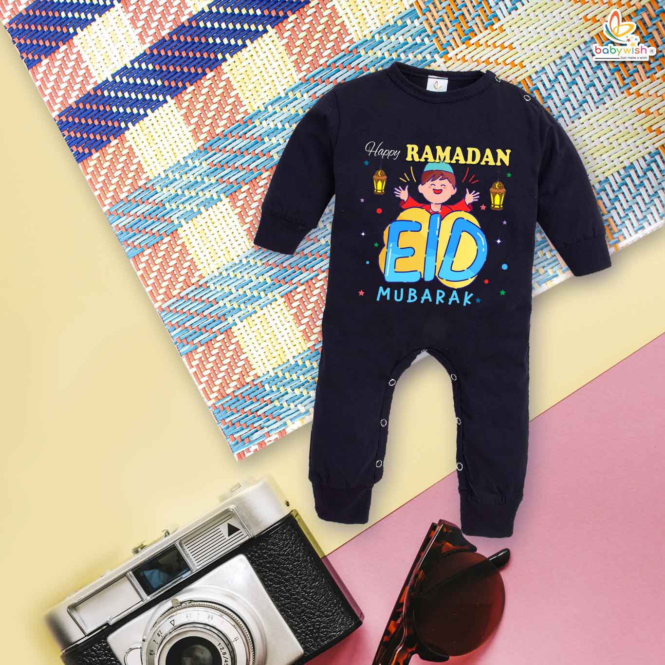 My First Eid Full Body Romper – Baby Bodysuit with “Happy Ramadan Eid Mubarak” Print | Full-Length Islamic Festival Outfit for Infant Boys & Girls by Babywish