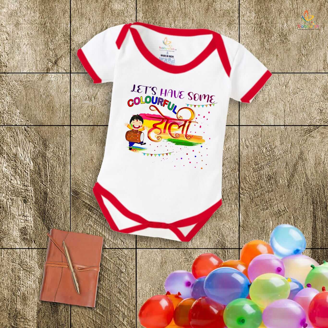 Baby First Holi Romper Clothes | Baby Holi Festival Bodysuits | Newborn Outfit Envelop Neck Half Sleeve Unisex Onesies “Let's Have Some Colorful Festival”