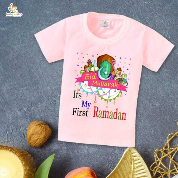 Eid T-shirt for Kids Unisex Ramadan Topwear Outfit Printed Half Sleeve Tshirt Dress for Boy n Girl " It's My First Ramadan "