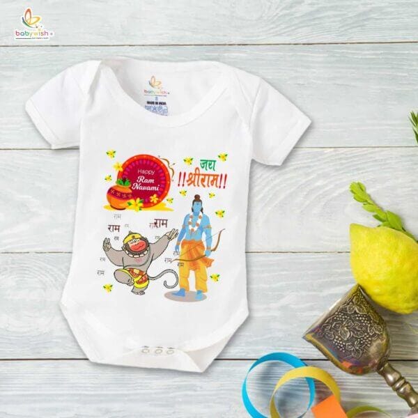 Baby First Ramnavmi Romper Onesies Clothes Baby Navratri festival Bodysuits Newborn Outfit Envelop Neck Half Sleeve Unisex Onesies" Jai Shreeram Printed " - Image 2
