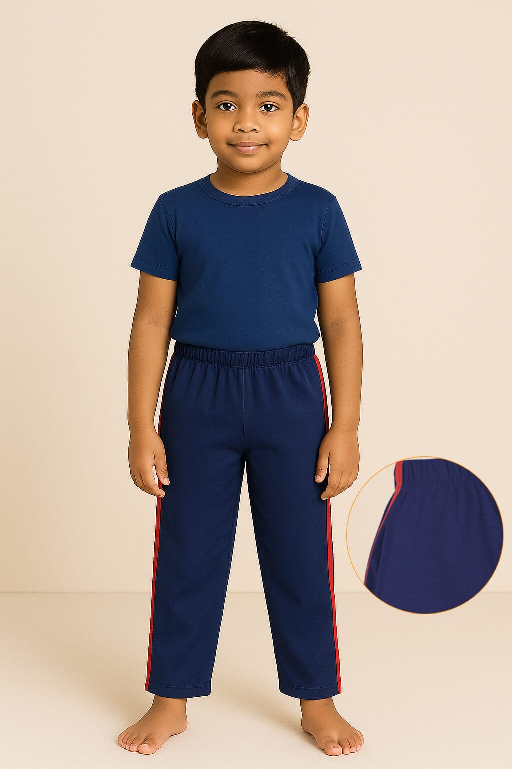 Comfortable Kids Pajama Set | Soft Cotton Dark Blue Nightwear with Orange Side Stripes | Breathable & Skin-Friendly Sleepwear for Boys & Girls | Stylish & Cozy Night Suit for Kids Babywish