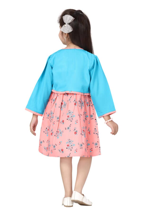 Girl Dress Knee Length Full Sleeve Floral Frock Prints cum with Jacket Girls Wedding Party Dress - Floral Print Jacket Frock - Image 8