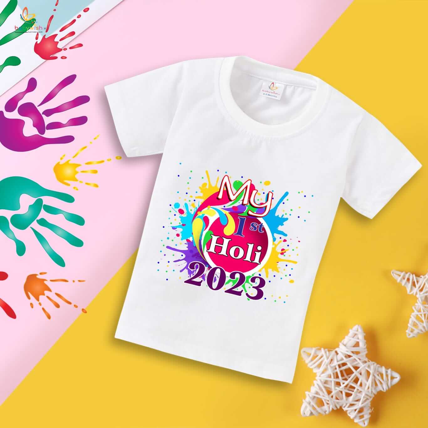 Holi T-shirt for Kids – Unisex Holi Topwear Outfit, Printed Half Sleeve Tee “My First Holi in 2023,” Colorful Festival Dress for Boys & Girls