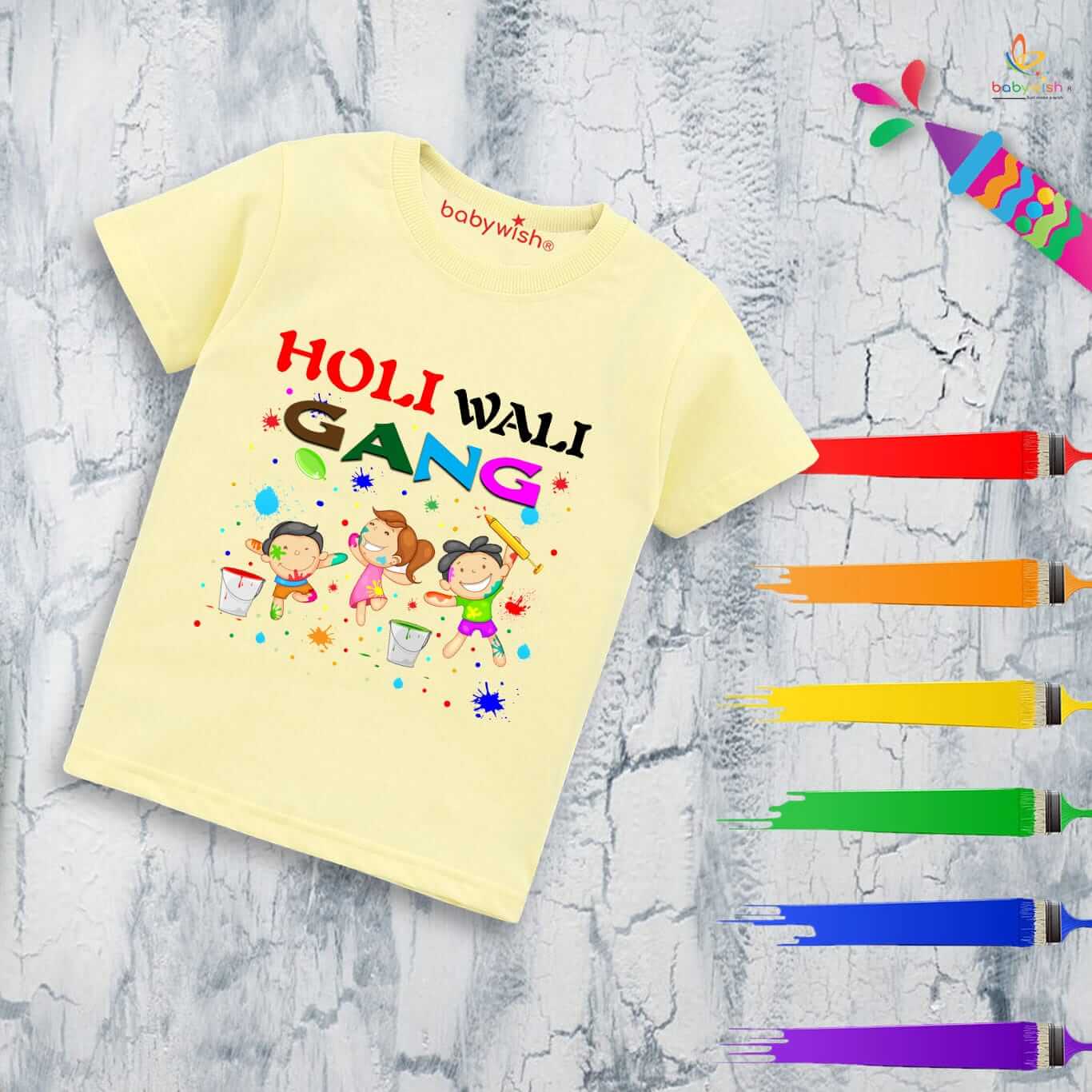 Holi T-shirt for Kids – Unisex Holi Topwear Outfit, Printed Half Sleeve Tee “Holi Wali Gang,” Colorful Festival Dress for Boys & Girls