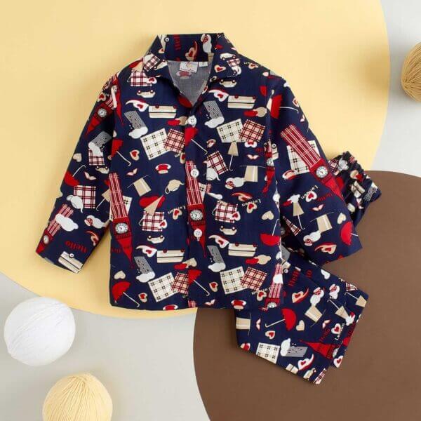 Kids Sleepsuit for Baby Boy’s and Girl’s Topwear and Pajamas Set Long Sleeve Sleepwear Baby Clothing Sets - Blue Clock Print