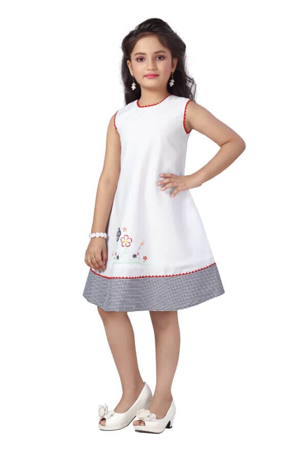 Girl Dress Knee Length Check Frock Floral Prints Girls Sleeveles Dress Midi Wedding Party Dress - Flower Checkered Red - Image 3