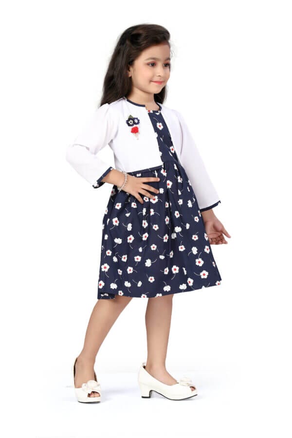 Girl Dress Knee Length Full Sleeve Floral Frock Prints cum with Jacket Girls Wedding Party Dress - Floral Print Jacket Frock - Image 3