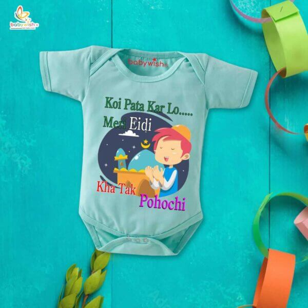 Baby First Eid Romper Clothes Baby Ramadan festival Bodysuits Newborn Outfit Envelop Neck Half Sleeve Unisex Onesies " Koi Pata Kar Lo Meri Eidi Kha Tak Pahochi " - Image 2