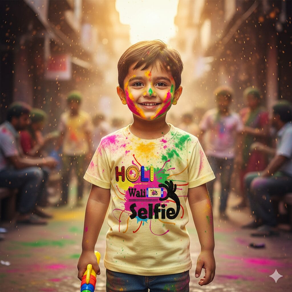 Holi Wali Selfie Kids T-Shirt – Soft Cotton Color Splash Holi Festival Wear for Babies & Kids | Lemon, Pink, Sea Green, White | Age 6–12 Months, 1–12 Years | Babywish