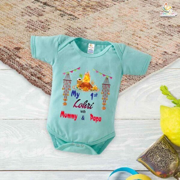 My First Lohri Romper | Lohri with Mummy & Papa Baby Bodysuit | Festive Outfit for Baby Boys & Girls – Babywish - Image 4