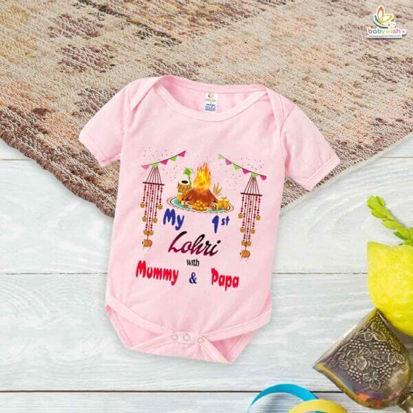 My First Lohri Romper | Lohri with Mummy & Papa Baby Bodysuit | Festive Outfit for Baby Boys & Girls – Babywish - Image 3