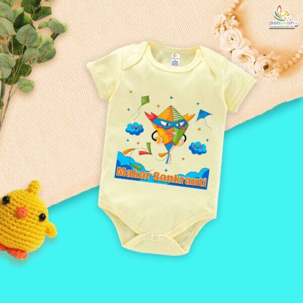 My First Makar Sankranti Baby Romper – Super Kite Print Bodysuit for Newborns & Infants | Festive Sankranti Outfit for Boys & Girls – Babywish - Image 3