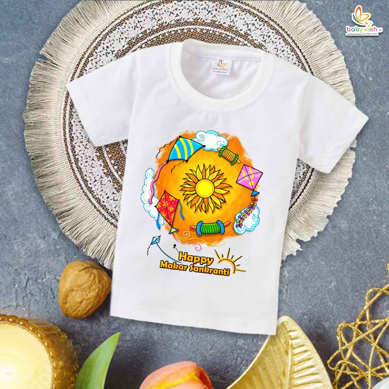 Makar Sankranti Sunflower Baby T-Shirt – My First Makar Sankranti Festival Outfit for Newborn & Infant | Cute Baby Makar Sankranti T-shirt – Babywish