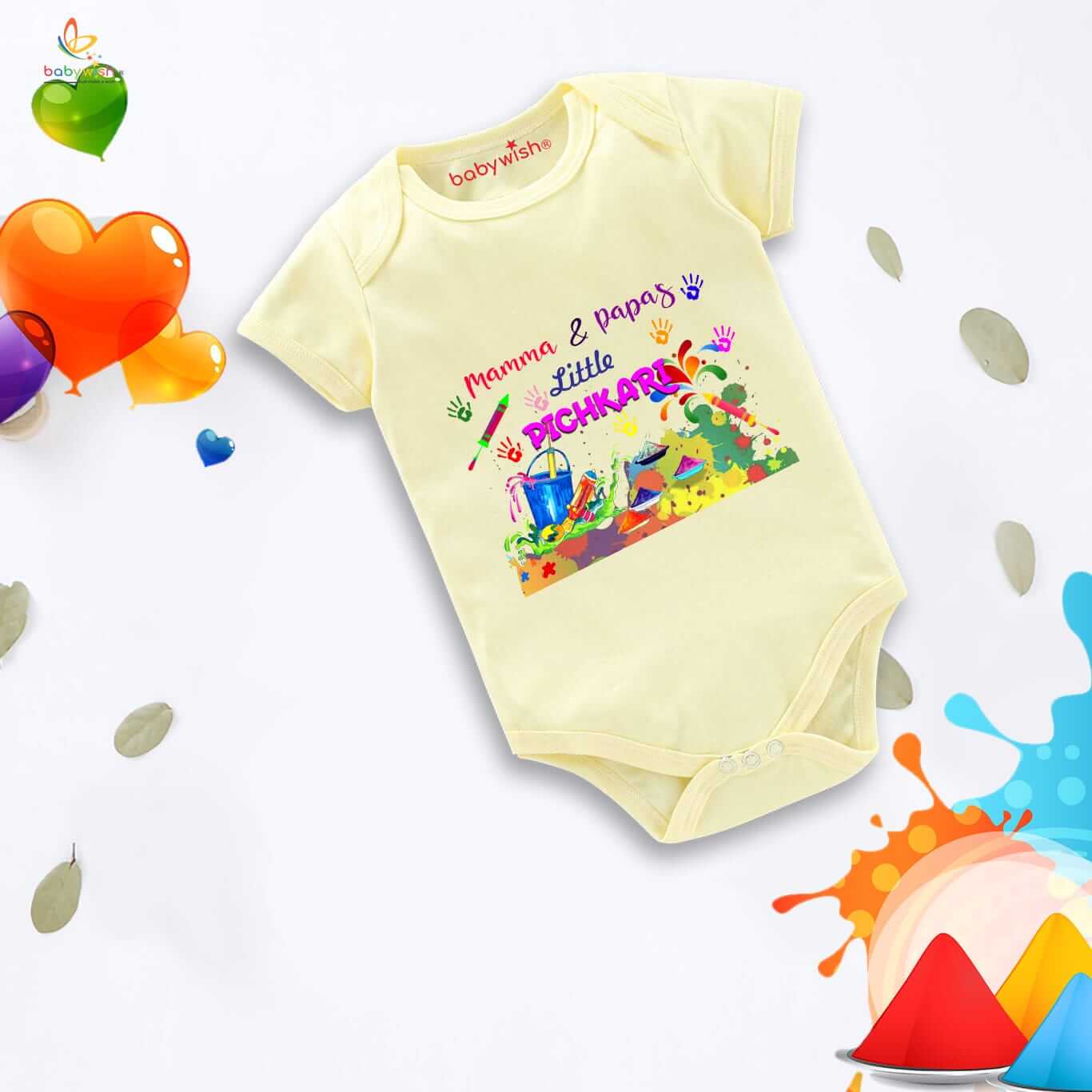 Baby First Holi Romper Clothes | Baby Holi Festival Bodysuits | Newborn Outfit Envelop Neck Half Sleeve Unisex Onesies “Mammas & Papas Little Pichkari”