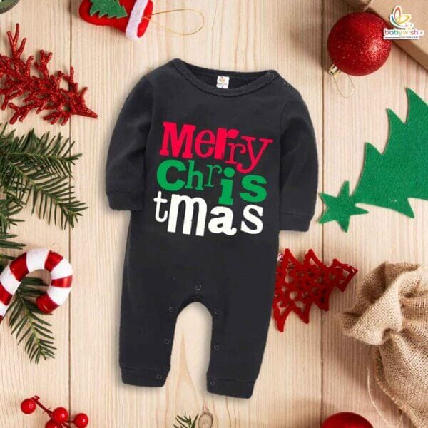 Babywish Christmas Full Body Romper Clothes My First Merry Bodysuit Merry Christmas Print - Image 2