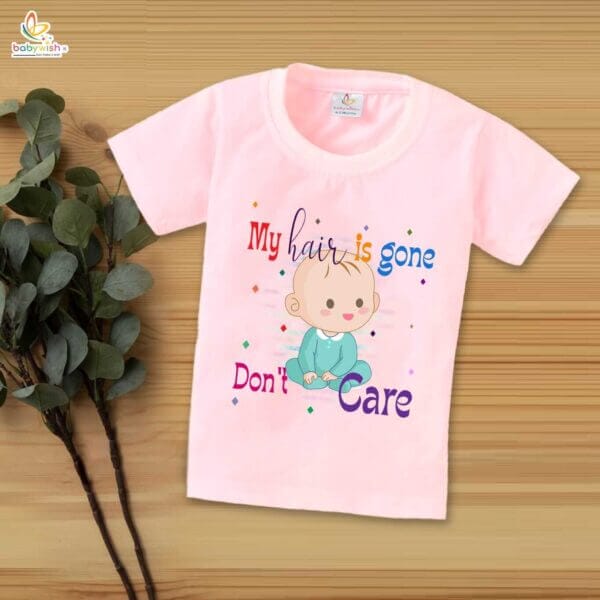 First Mundan ceremony T-shirt for Kids Clothes Unisex occasion mundan Topwear Outfit Half Sleeve for Boy n Girl | My Hair is Gone Don't Care | - Image 3