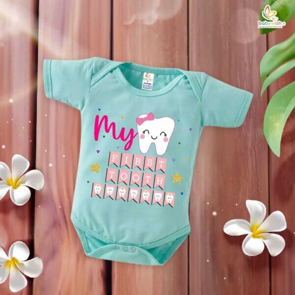 My First Tooth Romper for Baby – “My First Tooth” Milestone Bodysuit with Star Print | Soft Cotton Baby Outfit for Boys & Girls – Babywish - Image 2