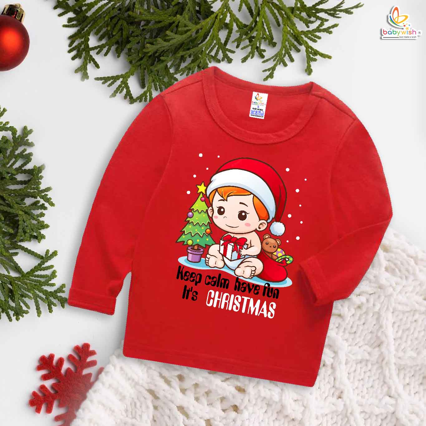 My First Christmas T-Shirt | Keep Calm Have Fun It’s Christmas Baby Print Full Sleeve Tee | Holiday Outfit for Boys & Girls – Babywish