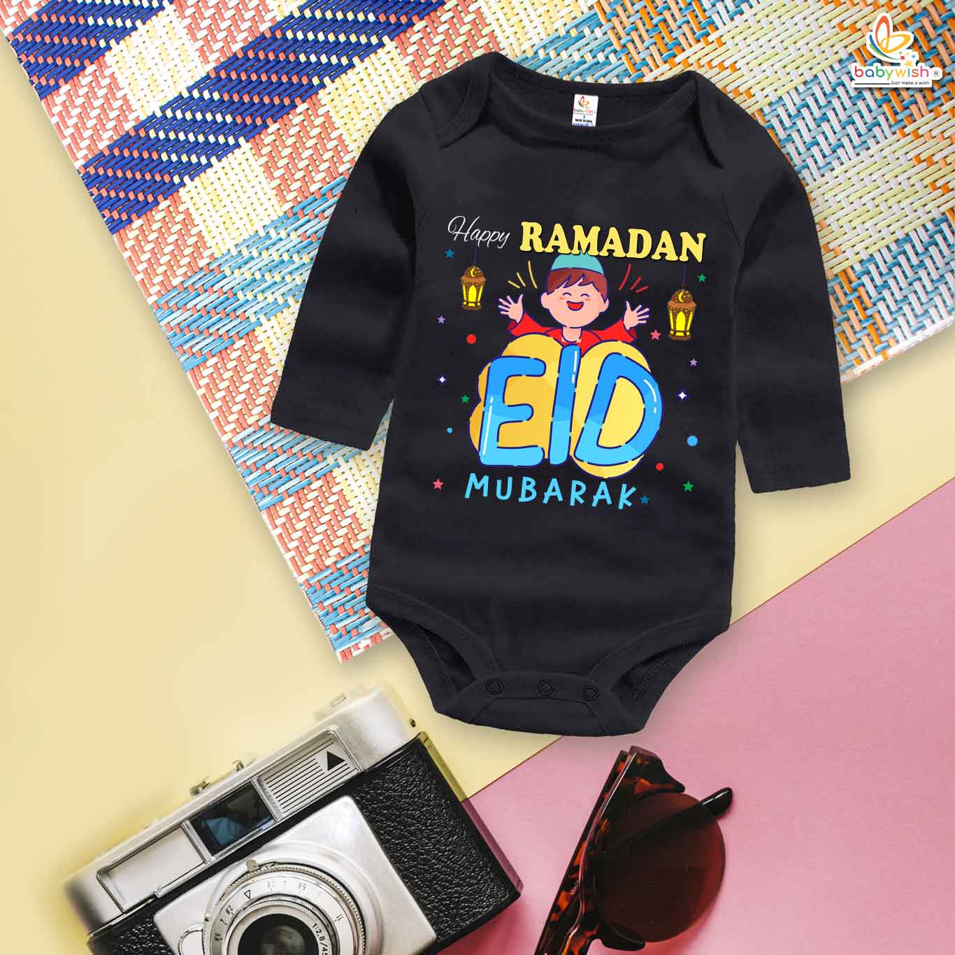My First Eid Full Sleeves Romper – Baby Bodysuit with “Happy Ramadan Eid Mubarak” Print | Muslim Festival Outfit for Infant Boys & Girls by Babywish