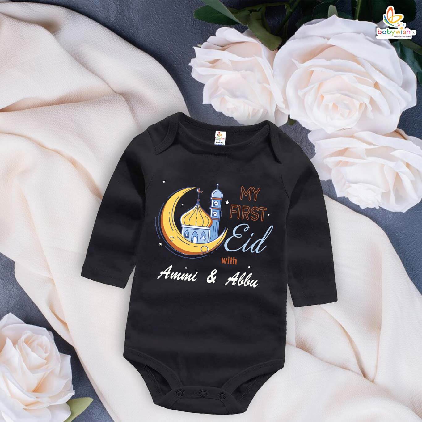 My First Eid Full Sleeves Romper – Baby Bodysuit with “My First Eid With Ammi and Abbu” Print | Islamic Festival Outfit for Infant Boys & Girls by Babywish