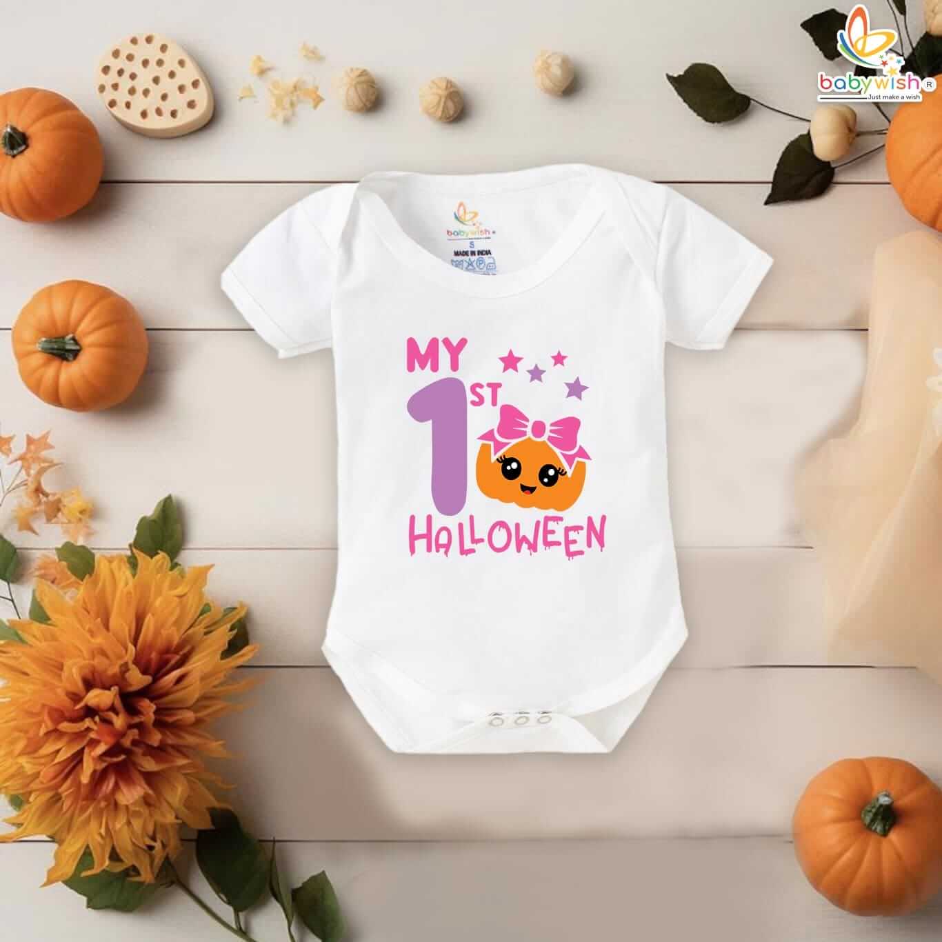 My First Halloween Baby Romper Bodysuit – Cute Bow and Pumpkin Head Print Halloween Outfit for Newborn Infant Baby Girl or Boy – Babywish