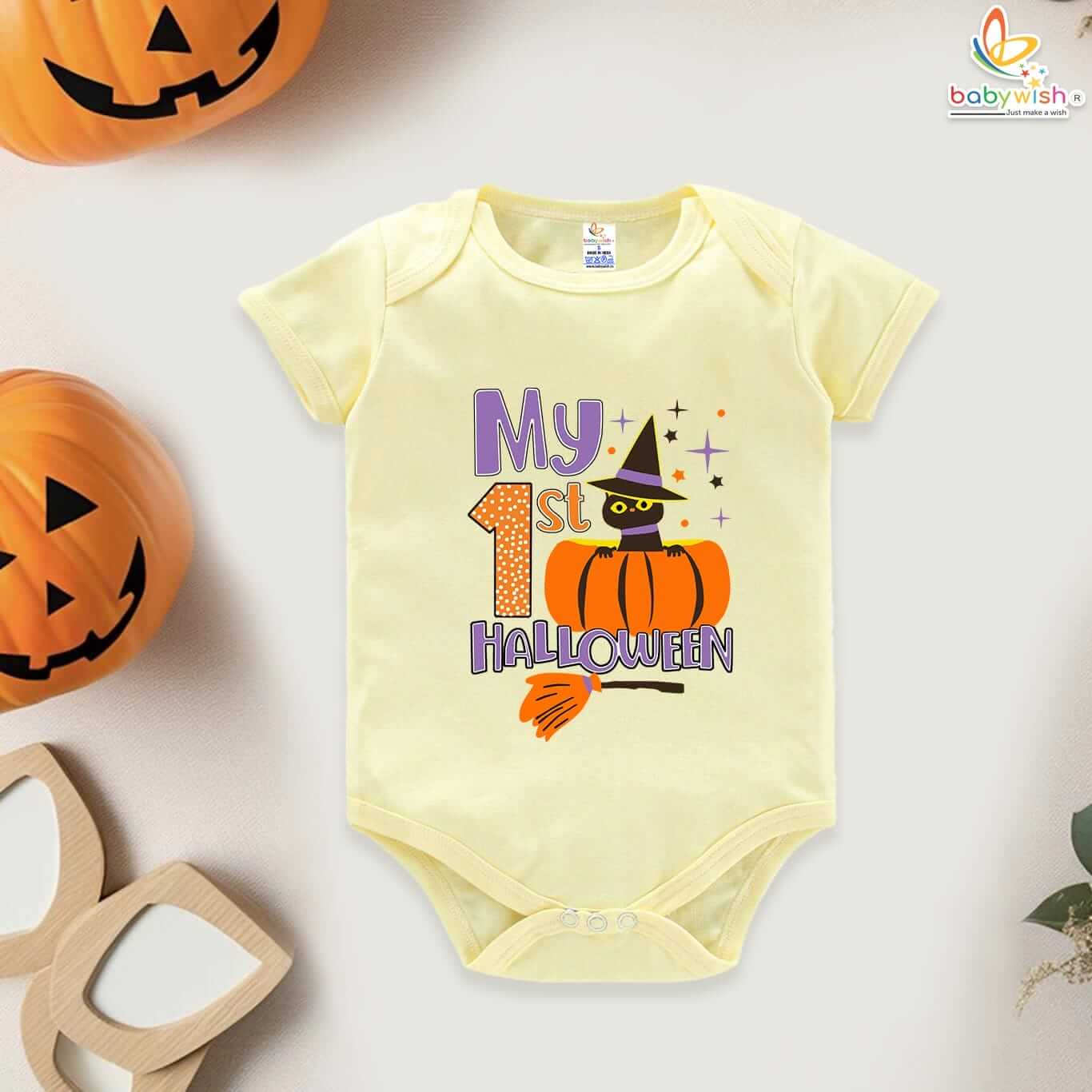 My First Halloween Baby Romper Bodysuit – Cute Bat and Pumpkin Print Halloween Outfit for Newborn Infant Baby Girl or Boy – Babywish
