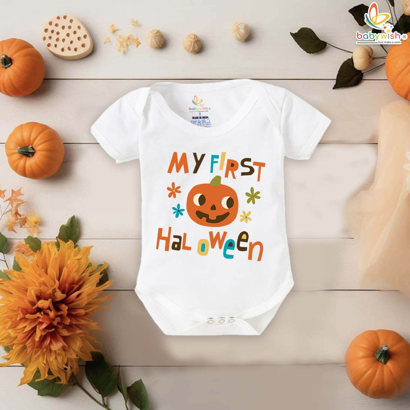 My First Halloween Baby Romper Bodysuit – Floral Pumpkin Print Halloween Outfit for Newborn Infant Baby Girl or Boy – Babywish