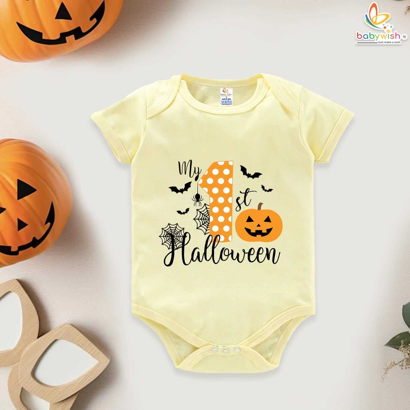 My First Halloween Baby Romper Bodysuit – Spiderweb and Pumpkin Print Halloween Outfit for Newborn Infant Baby Girl or Boy – Babywish