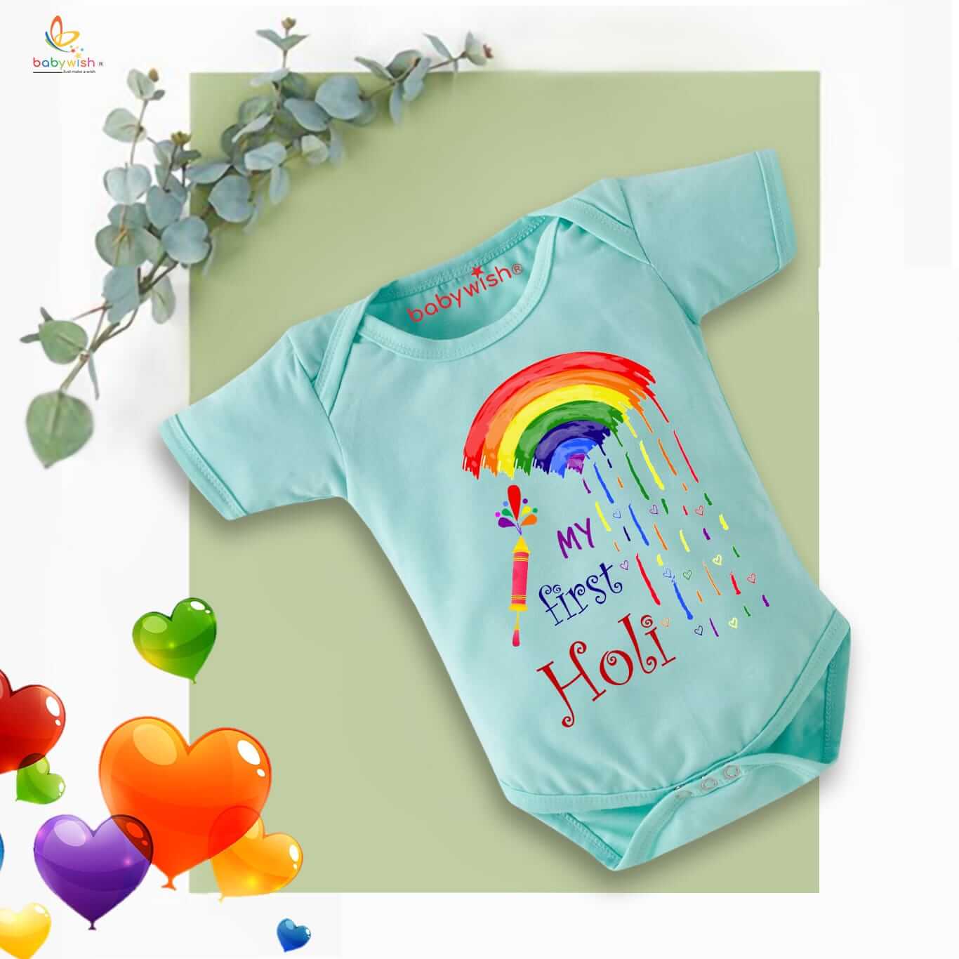 Baby First Holi Romper Clothes | Baby Holi Festival Bodysuits | Newborn Outfit Envelop Neck Half Sleeve Unisex Onesies “My First Holi Rainbow”