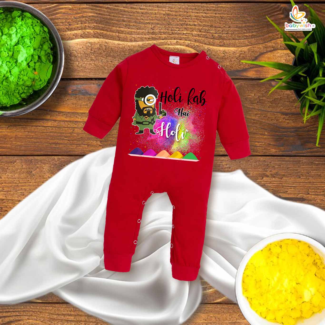 My First Holi Full Body Romper – Gabbar Printed Baby Bodysuit for Holi Celebration – Babywish