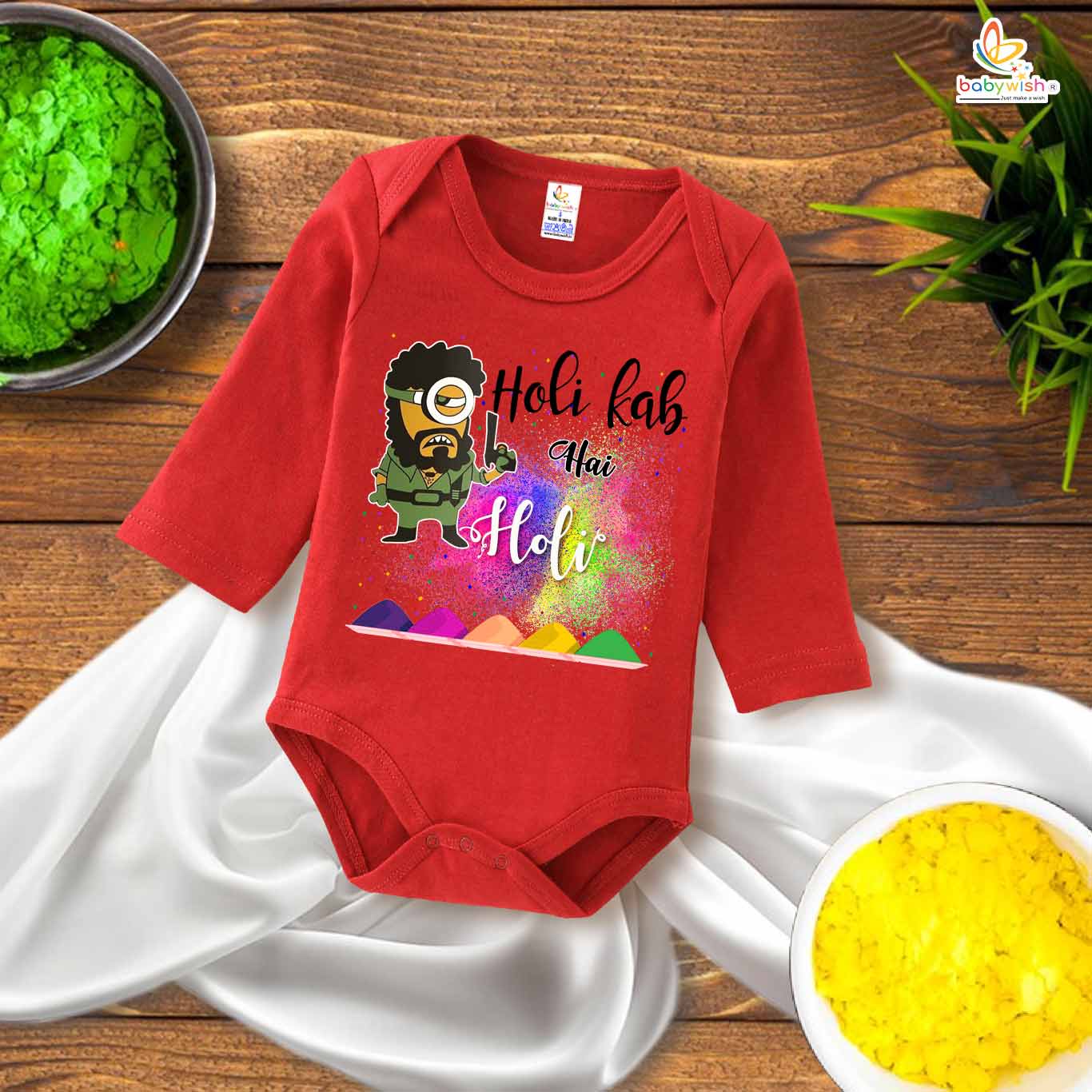 My First Holi Full Sleeve Romper – Gabbar Printed "My First Holi" Bodysuit for Babies – Babywish
