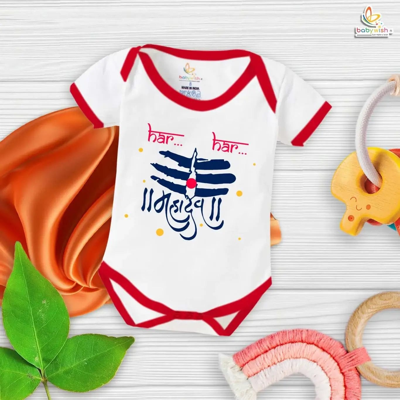 Baby wearing My First Mahashivratri romper with Har Har Mahadev and Trinetra print – Babywish