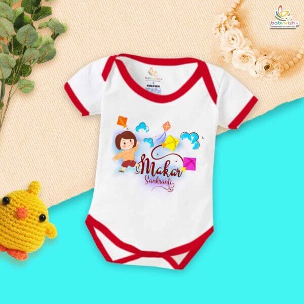 My First Makar Sankranti Baby Romper – Girl Kite Print Bodysuit for Newborns & Infants | Festive Sankranti Outfit for Baby Girls – Babywish