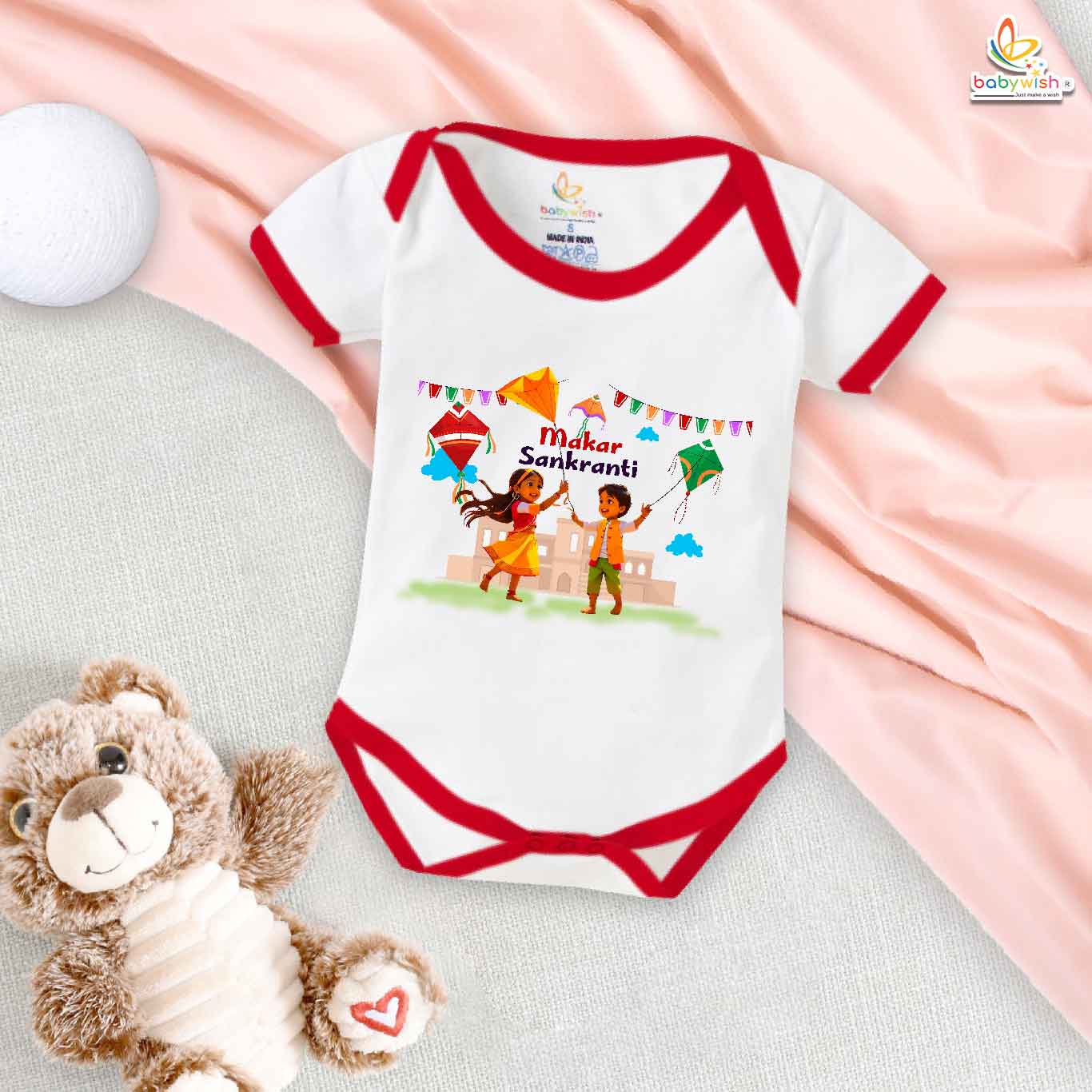 My First Makar Sankranti Baby Romper – Flying Kite Print Festive Bodysuit for Newborns & Infants | Sankranti Baby Outfit for Boys & Girls – Babywish