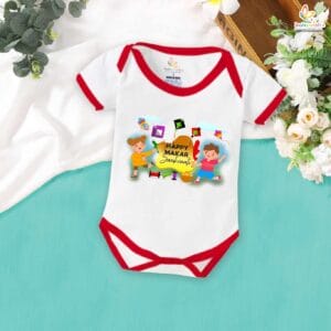 My First Makar Sankranti Baby Romper – Kite & Laddu Print Bodysuit for Newborns & Infants | Perfect Makar Sankranti Outfit for Boys & Girls – Babywish