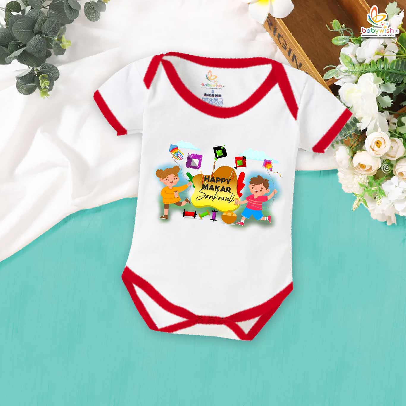 My First Makar Sankranti Baby Romper | Kite & Laddu Print Bodysuit for Newborns & Infants | Perfect Festive Outfit for Boys & Girls | Traditional Sankranti Baby Clothes | Babywish