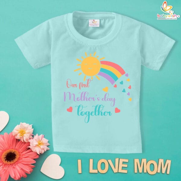 Our First Mother's Day T-Shirt with Rainbow & Sun Design for New Moms & Babies Celebrate mothers day with babywish - Image 2