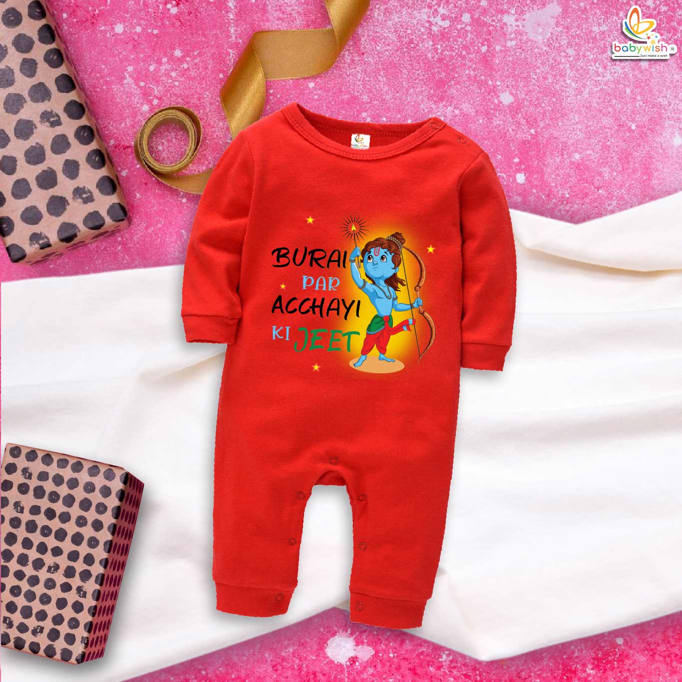 My First Ramnavmi Baby Full Bodysuit – “Burai Par Acchayi Ki Jeet” Full Body Romper – Hindu Festival Outfit for Infant Boy or Girl – Traditional Ram Navami Celebration Dress – Babywish