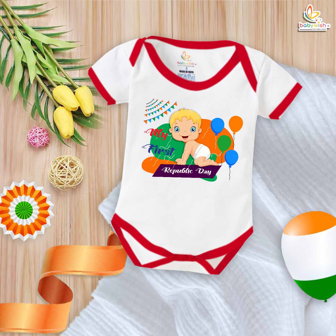 My First Republic Day Romper | Baby & Balloon Print Bodysuit for 26th January | Patriotic Republic Day Outfit for Infants | Baby Clothes for National Festivals | Babywish