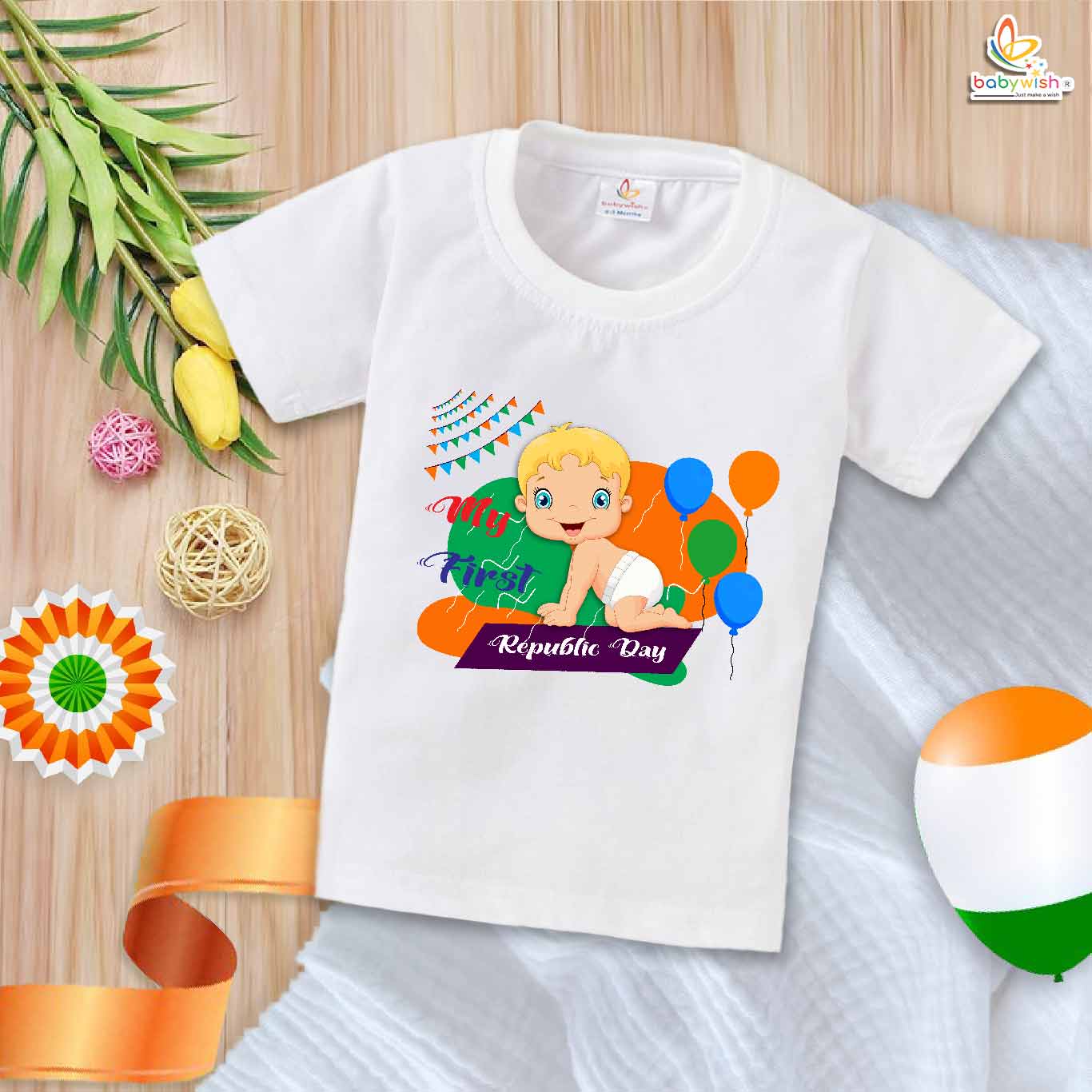 My First Republic Day T-Shirt | Baby & Balloon Print Tee for 26th January | Republic Day Outfit for Babies & Toddlers | Patriotic Kids Wear | Babywish