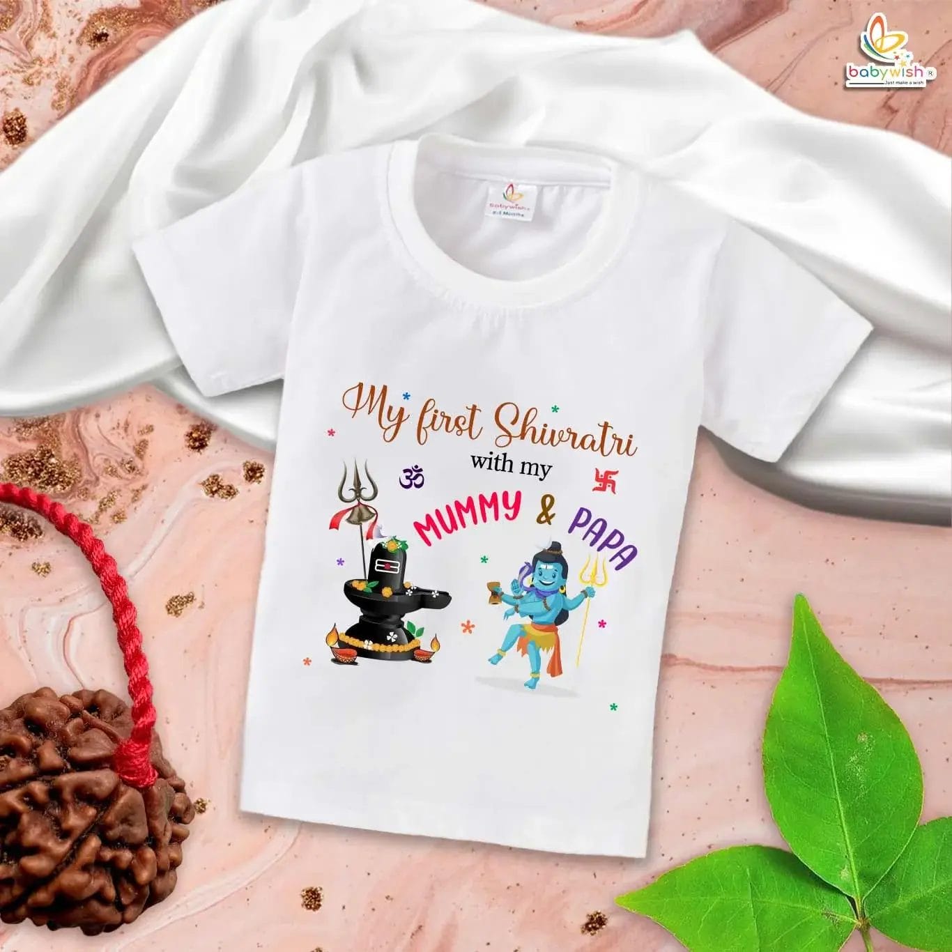 Baby wearing "My First Mahashivratri with Mummy & Papa" T-shirt