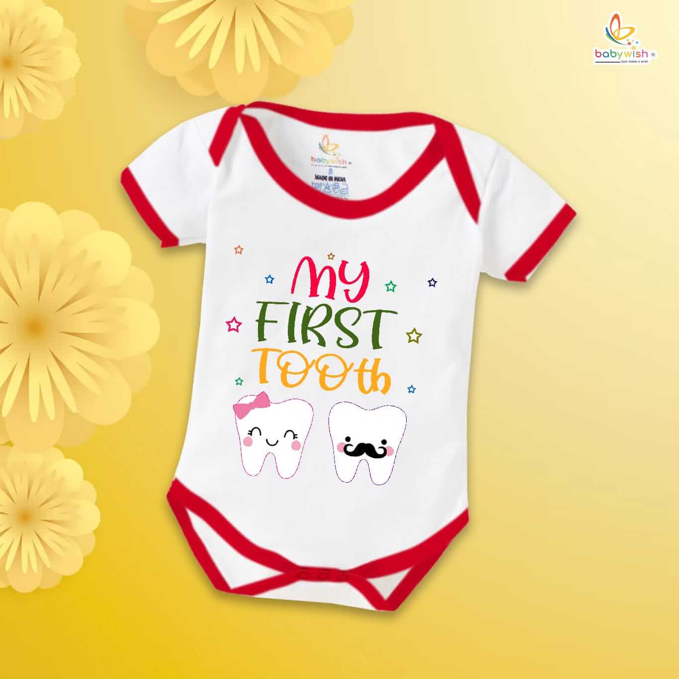 My First Tooth Baby Romper – Milestone Bodysuit with Boy & Girl Tooth Print | Soft Cotton Romper for Newborns & Infants – Babywish