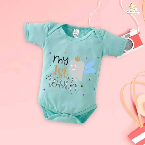 My 1st Tooth Baby Romper – “My First Tooth” Bodysuit with Star Print | Baby Milestone Outfit for Boys & Girls – Babywish - Image 2